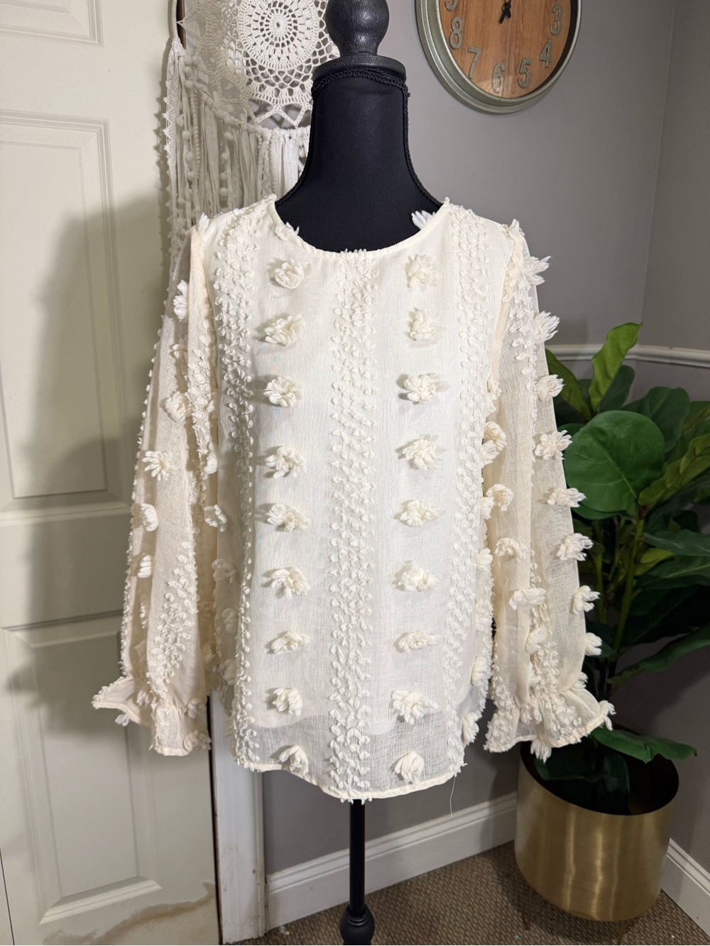 fab'rik Ivory Pom-Pom Textured Long Sleeve Top size small